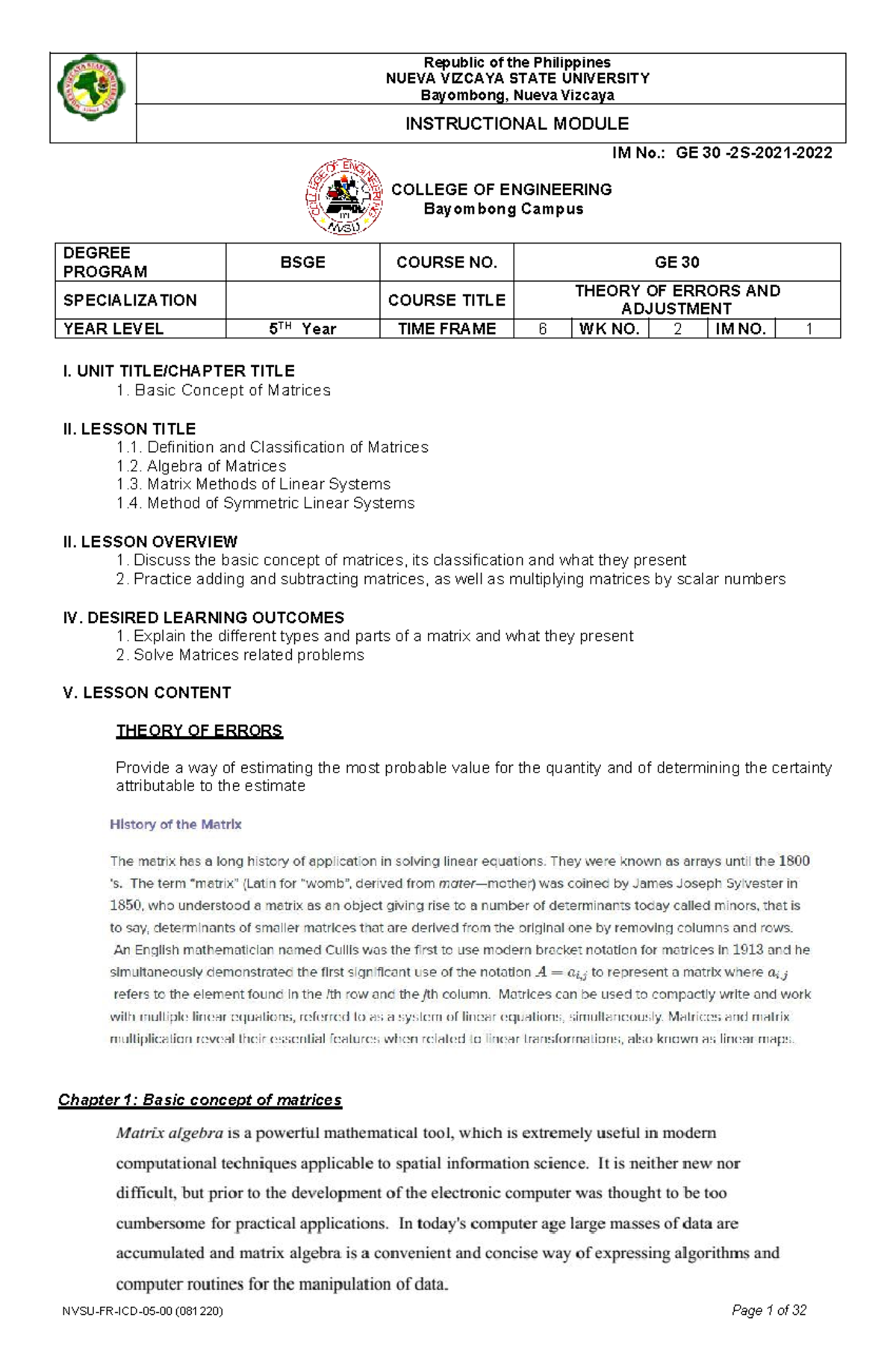 Module 1- Basic Concepts OF Matrices - NUEVA VIZCAYA STATE UNIVERSITY ...