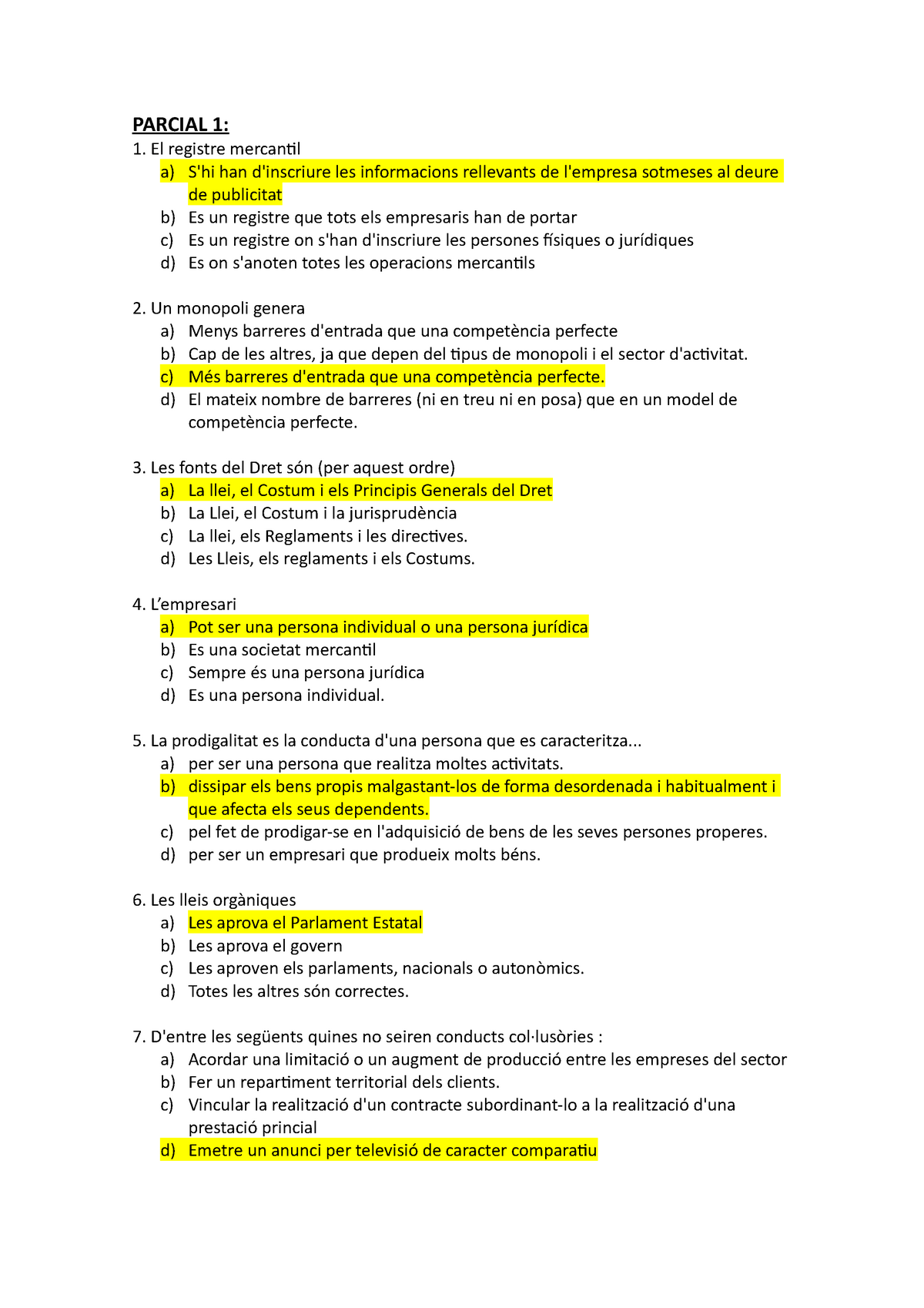 Preguntes Tipo Test Examen Final Parcial El Registre Mercantil A S Hi Han D Inscriure Les