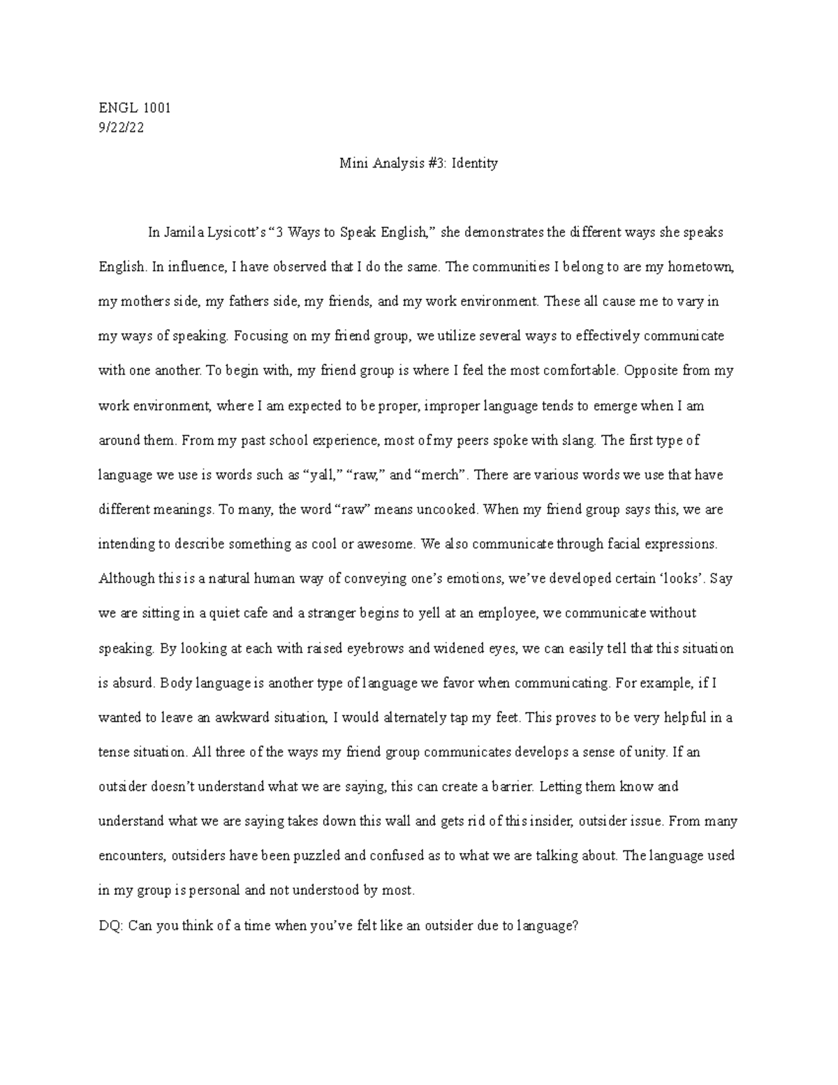 Mini Analysis #3 - ENGL 1001 9/22/ Mini Analysis #3: Identity In Jamila ...