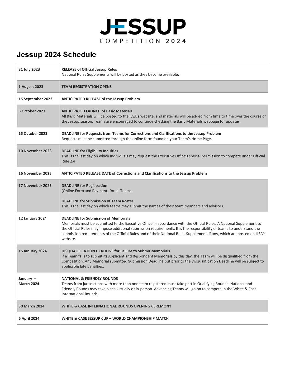 Jessup 2024 Official Schedule Jessup 2024 Schedule 31 July 2023