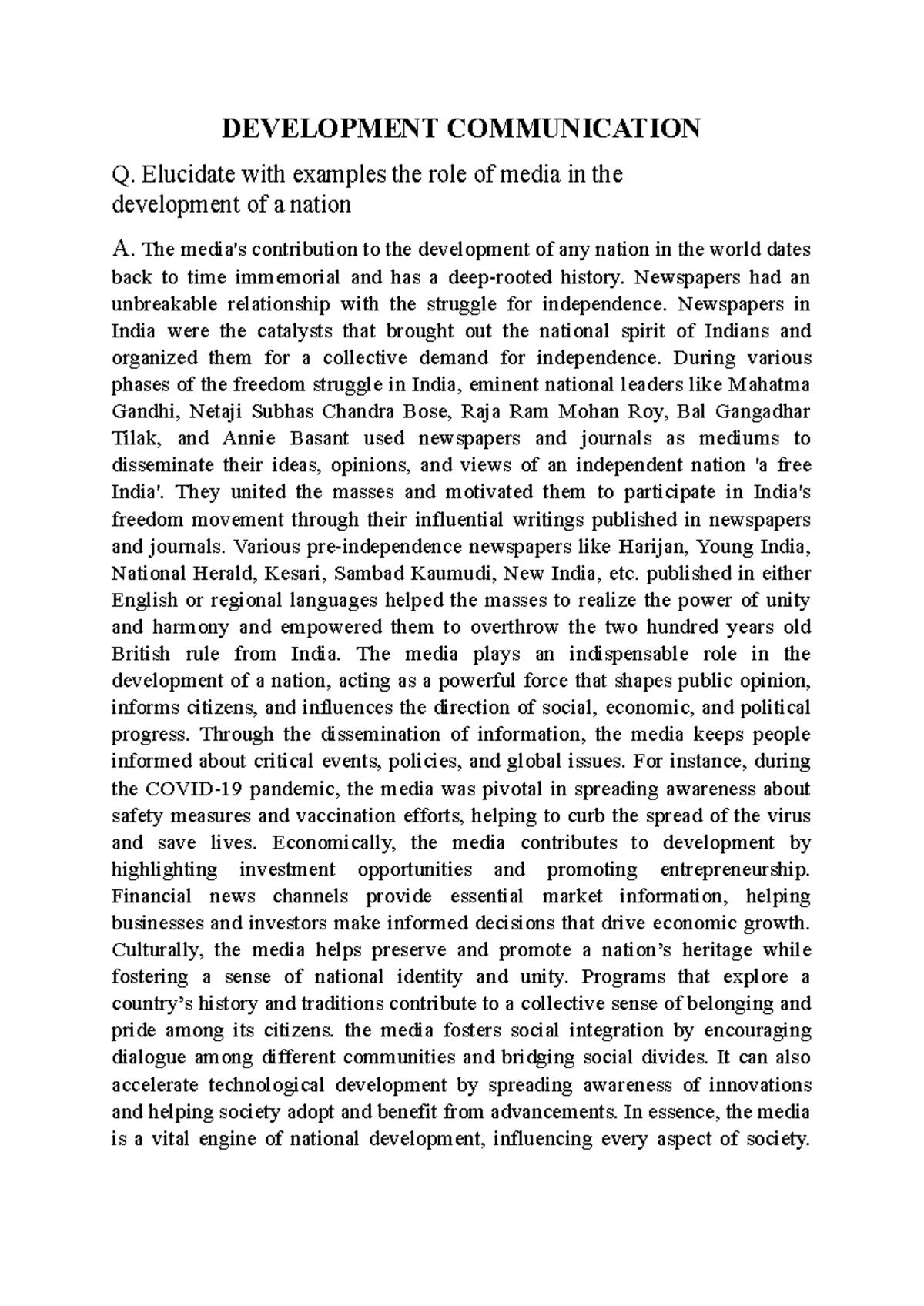 Development Communication Assignment 1 - DEVELOPMENT COMMUNICATION Q ...