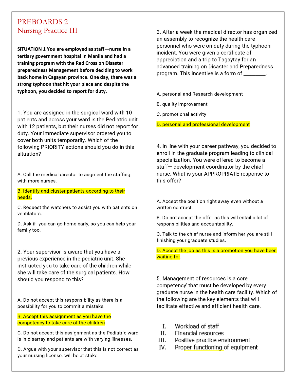 Nursing TEST 3 NP III - PREBOARDS 2 Nursing Practice III SITUATION 1 ...