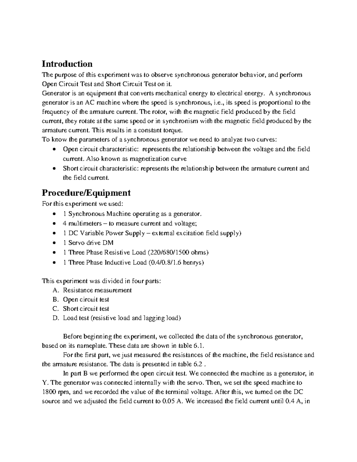 210454854 Synchronous Generator Lab Report Introduction The purpose