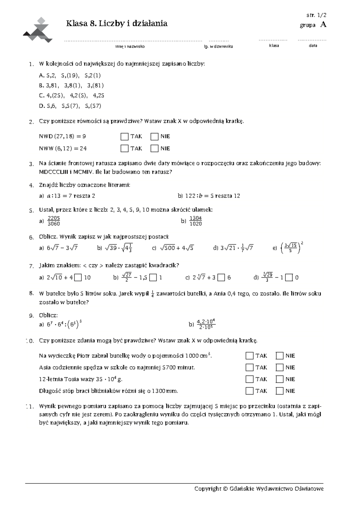 Test Matematyka Klasa 8 Liczby I Działania www.studocu.com
