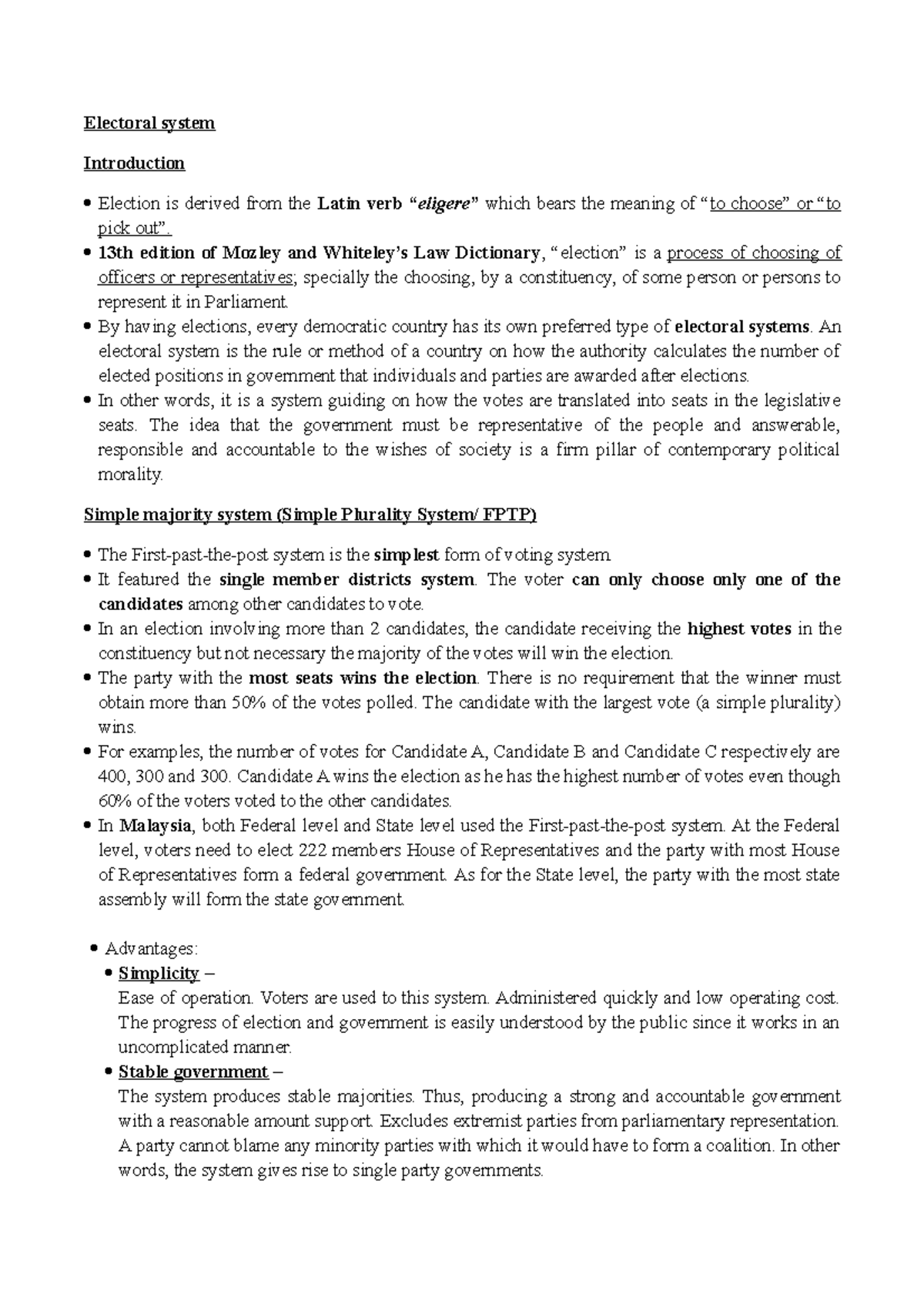 Electoral System - notes - Electoral system Introduction Election is ...