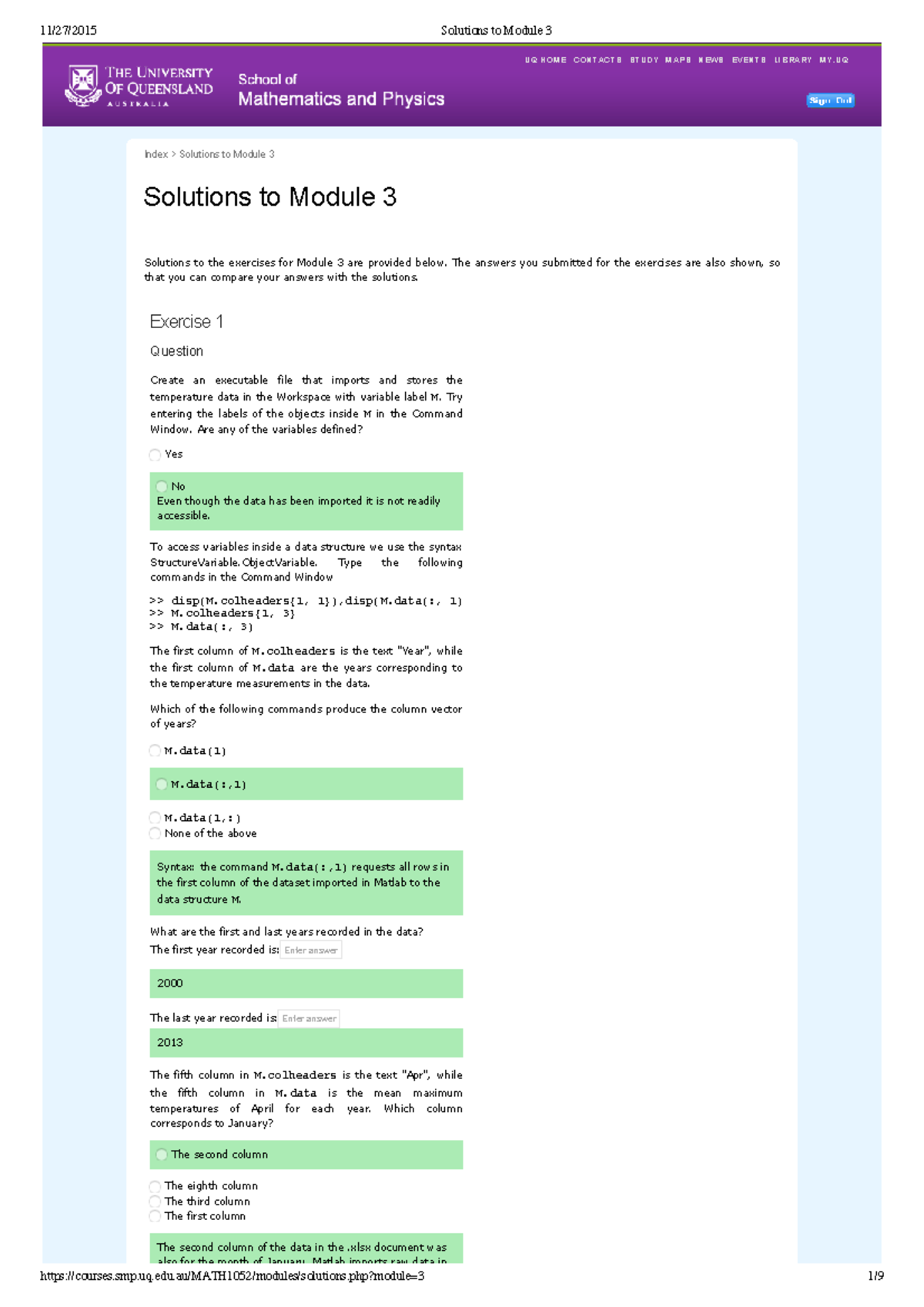 MATLAB Module-3-1 Solutions MATH1052 2017 - UQ HOME CONTACTS STUDY MAPS ...