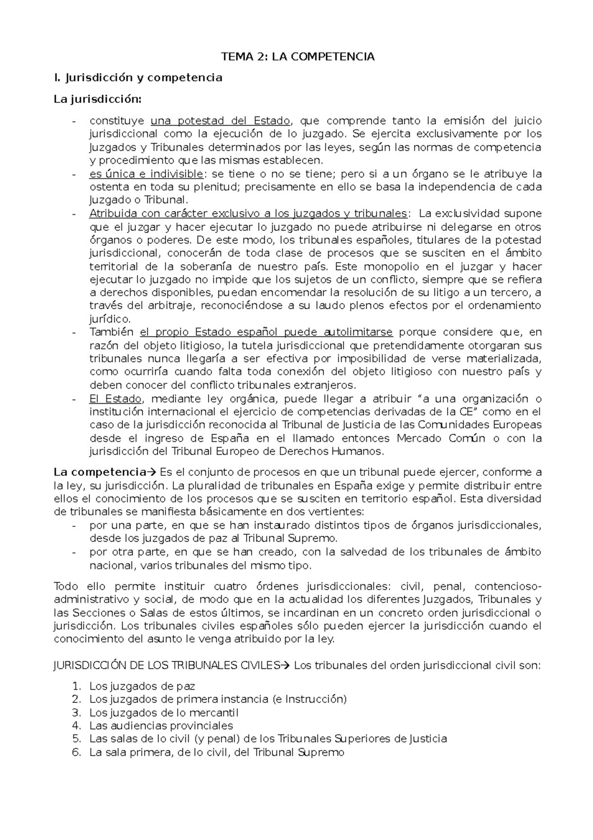TEMA 2 - Apuntes 2 - TEMA 2: LA COMPETENCIA I. Jurisdicción y ...