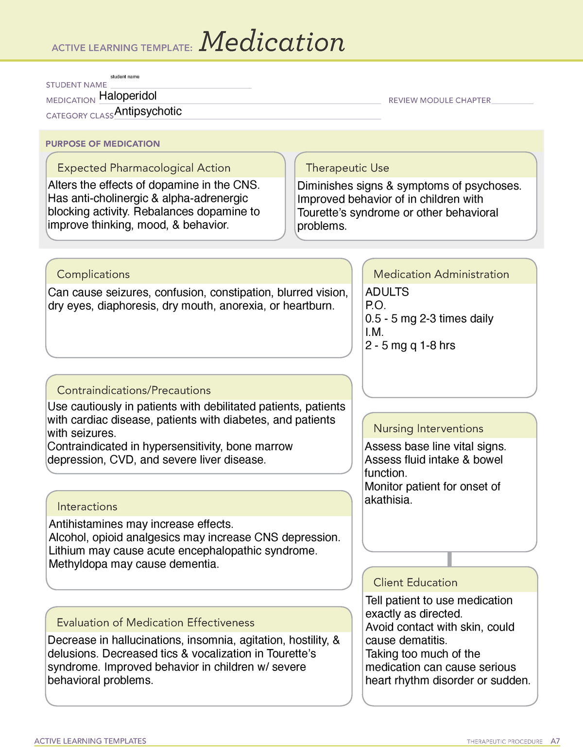 ATI Medication template Haloperidol clinical ACTIVE LEARNING