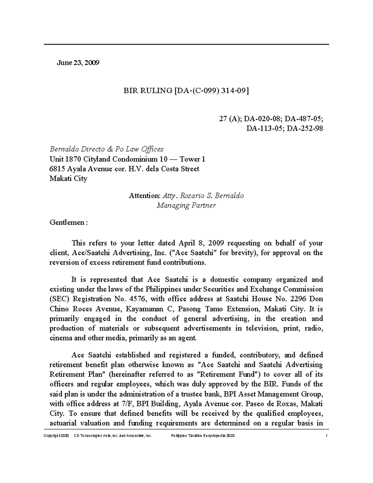 BIR Ruling DA C-099 314-09 - Copyright 2020 CD Technologies Asia, Inc ...