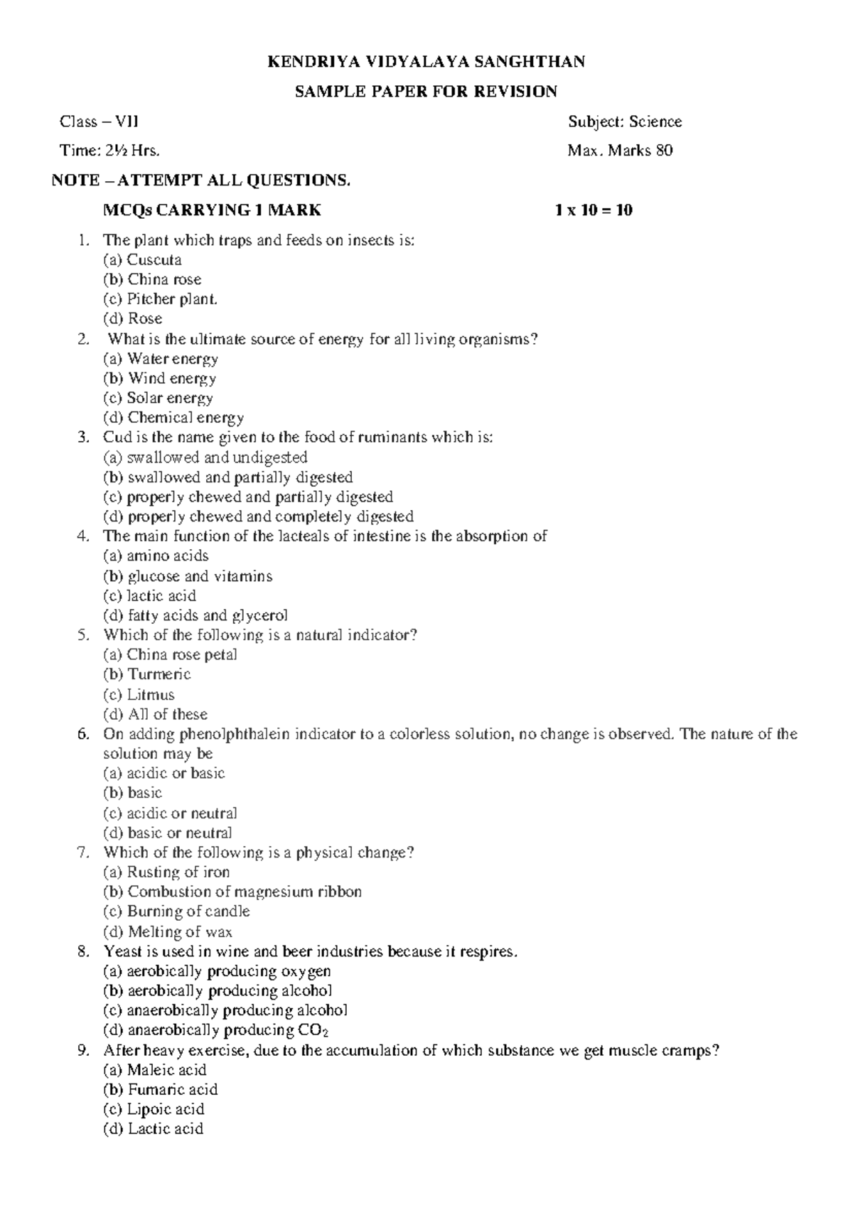 Class VII Science Sample Paper 1 2022-23 - KENDRIYA VIDYALAYA SANGHTHAN ...