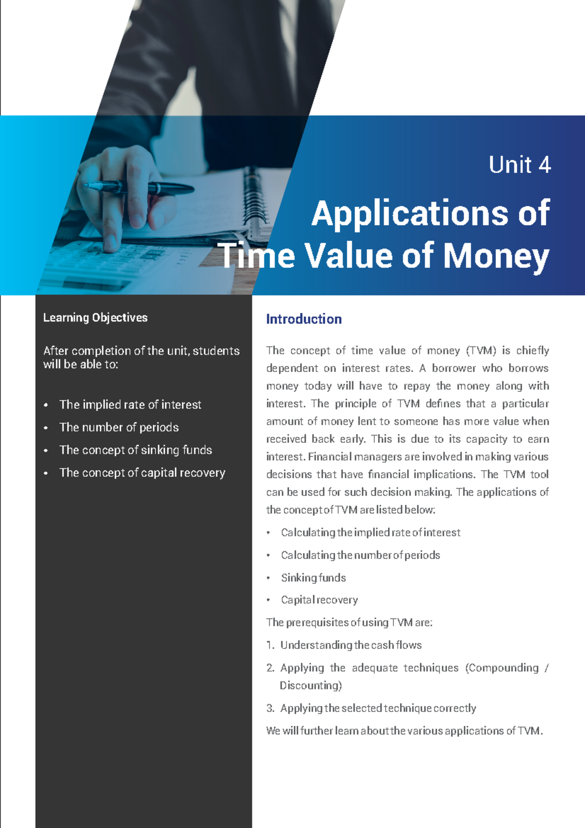 FM Unit 4 SLM - Taught by Dr. Kabir - Unit 4 Learning Objectives After ...