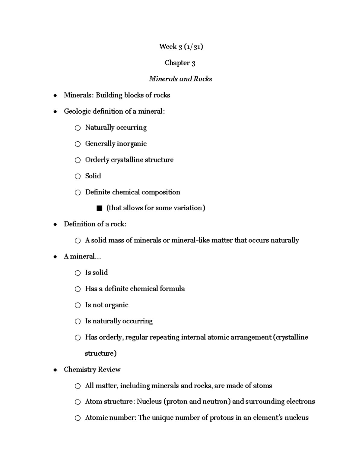 Week 3+4+5 geol - Dr. Ari - Week 3 (1/31) Chapter 3 Minerals and Rocks ...