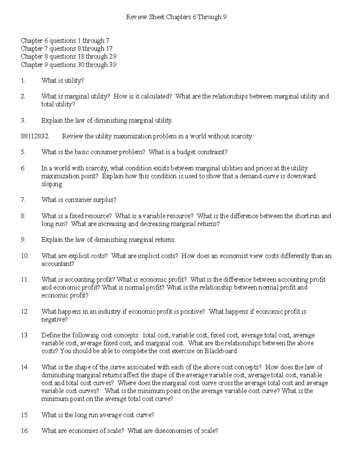 202 Review Sheet Chapters 69 Review Sheet Chapters 6 Through 9