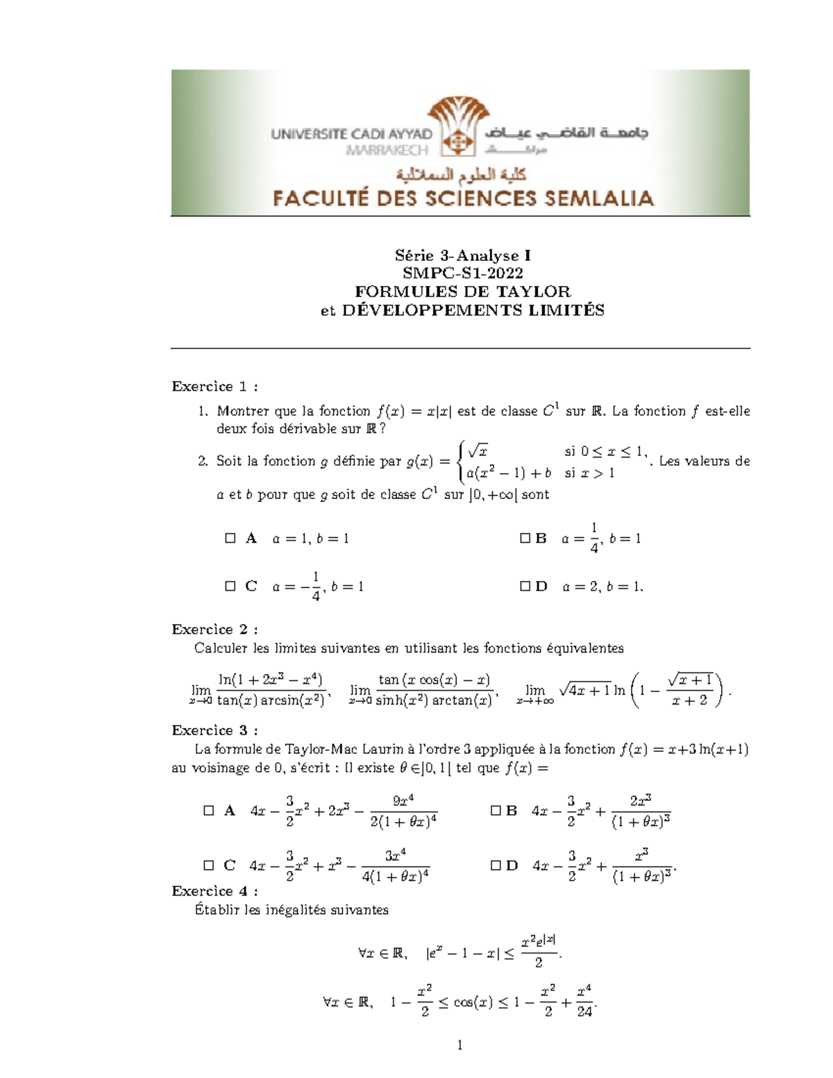 TD3 SMPC S1 FORMULES DE TAYLOR Et DÉVELOPPEMENTS LIMITÉS - Série 3 ...