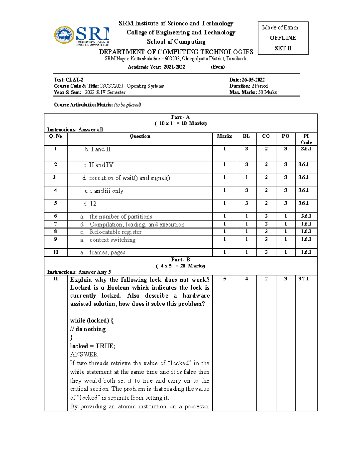 SET B OS CT2 Its The Practice Material SRM Institute Of Science And set-b-os-ct2-its-the-practice-material-srm-institute-of-science-and