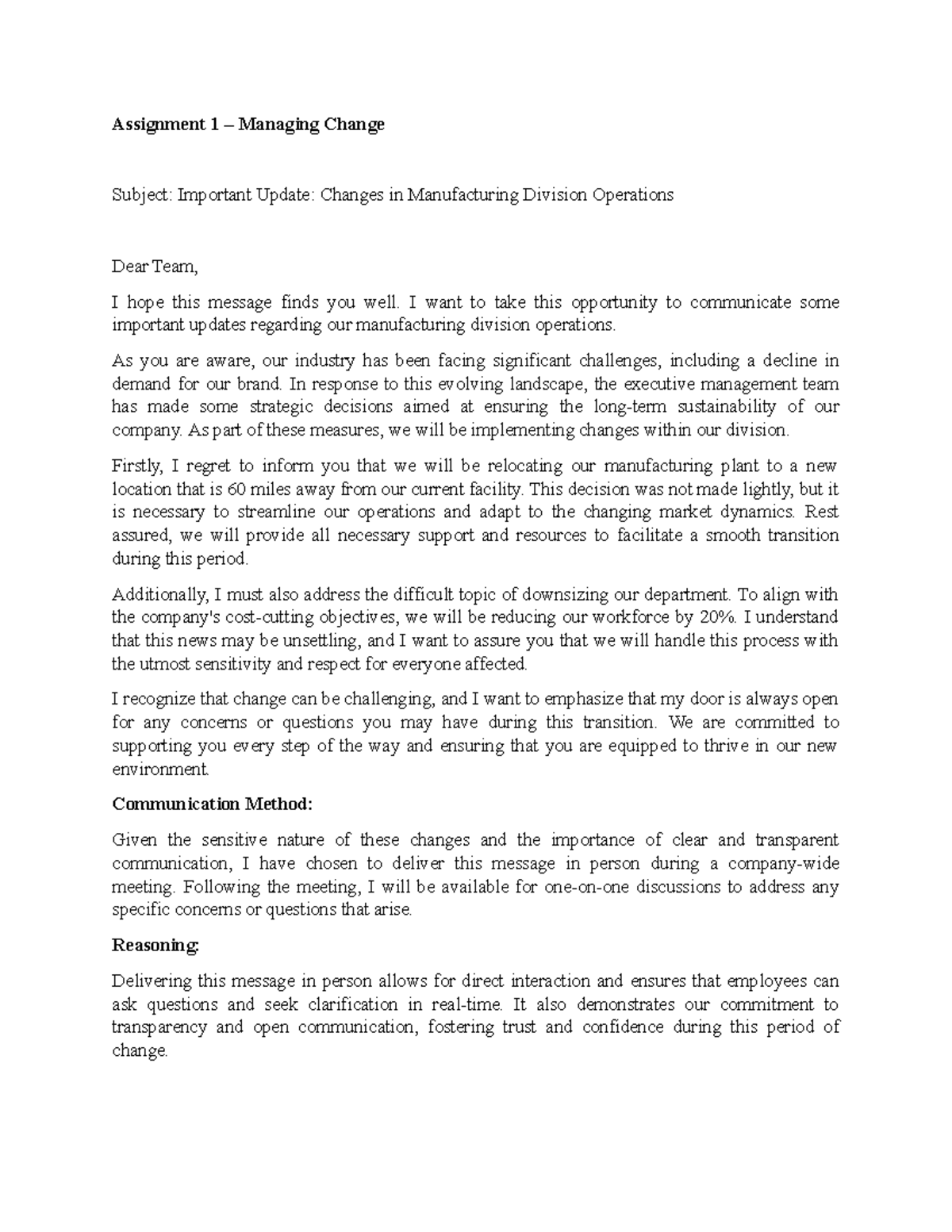 Aspects of Human Resource Management - Assignment 1 – Managing Change ...