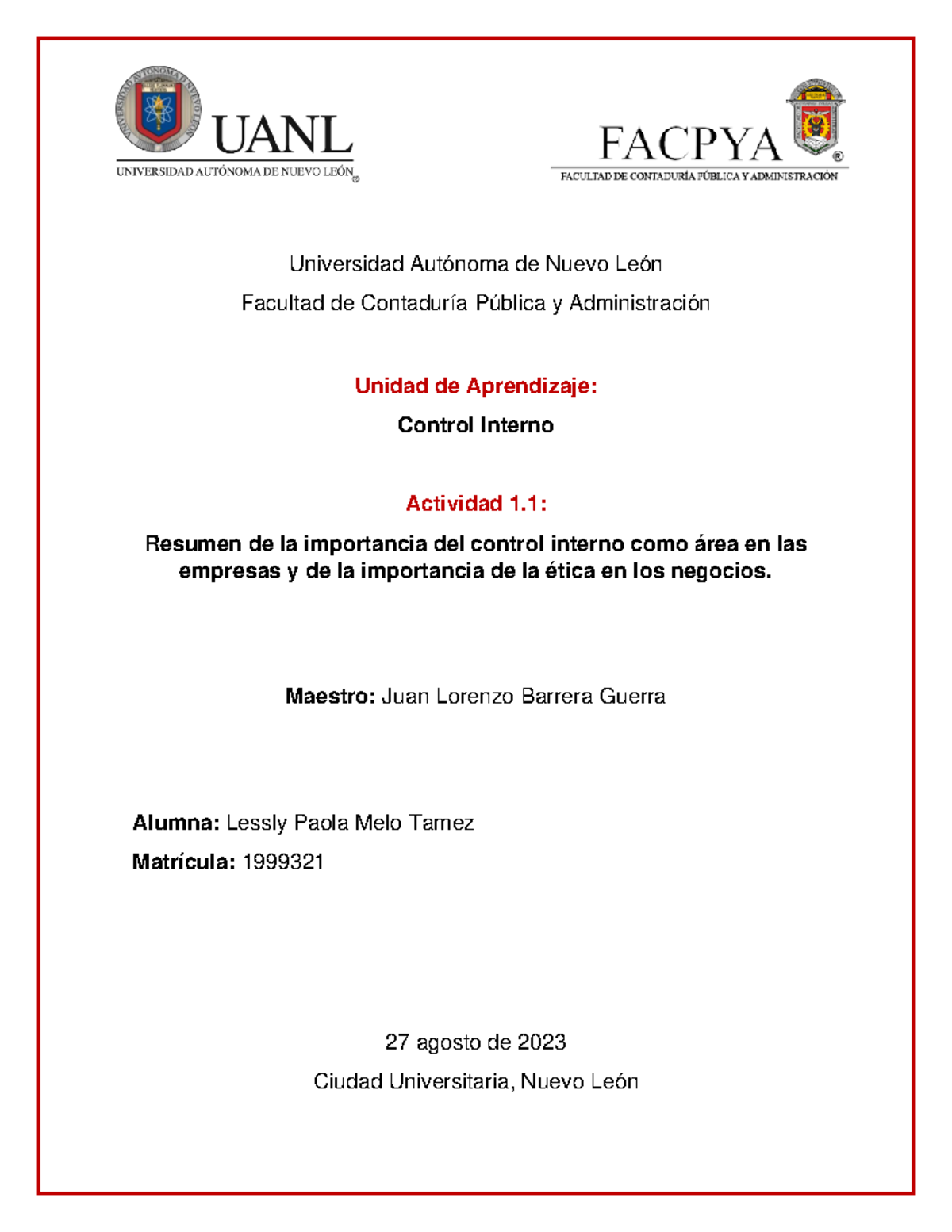 Actividad 1 - Universidad Autónoma de Nuevo León Facultad de Contaduría ...