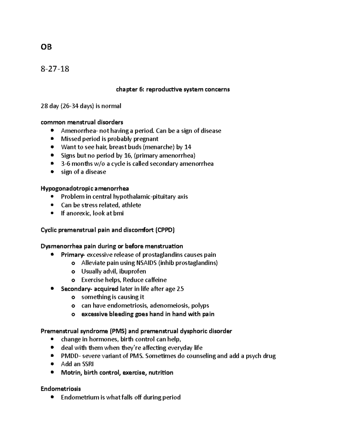 OB notes - OB 8-27- chapter 6: reproductive system concerns 28 day (26 ...