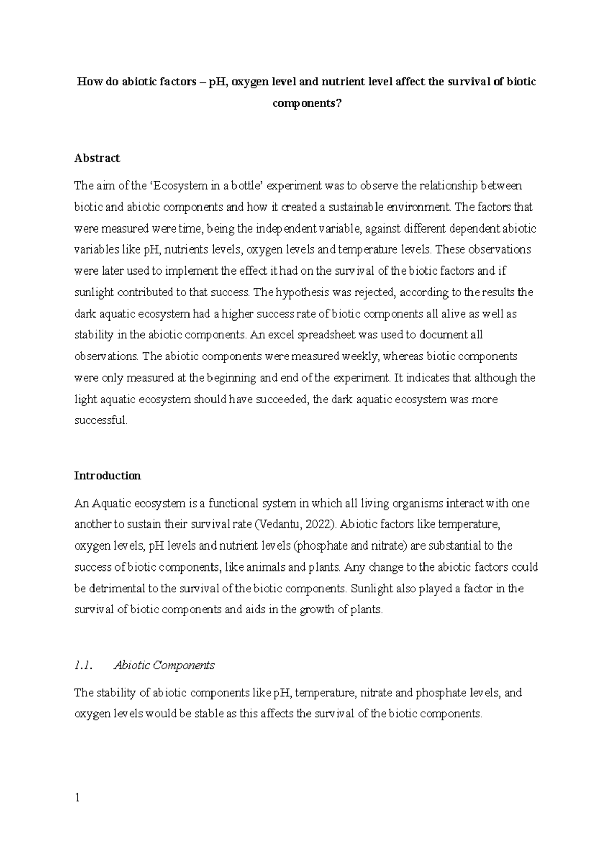 Biocomplexity Major Report Copy 2 - How Do Abiotic Factors – Ph, Oxygen 