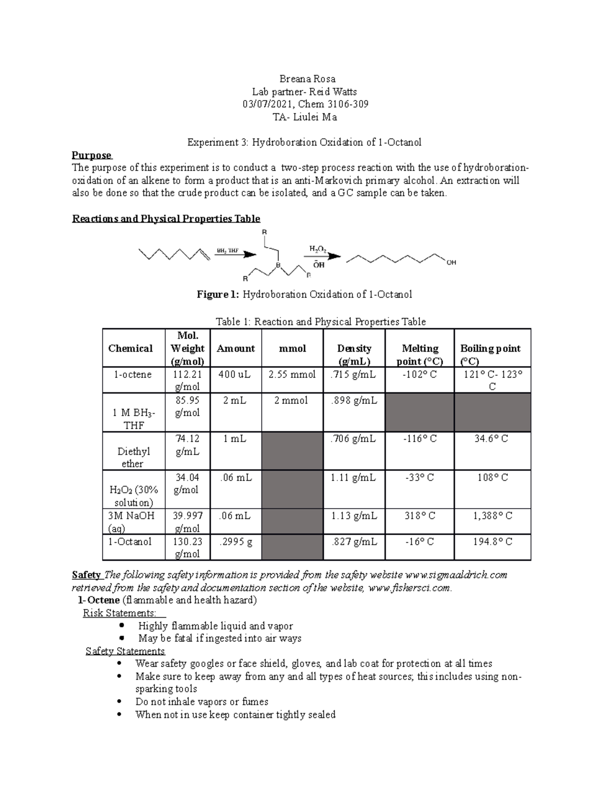 Ochem 3106 Lab Report 3 - Breana Rosa Lab partner- Reid Watts 03/07 ...