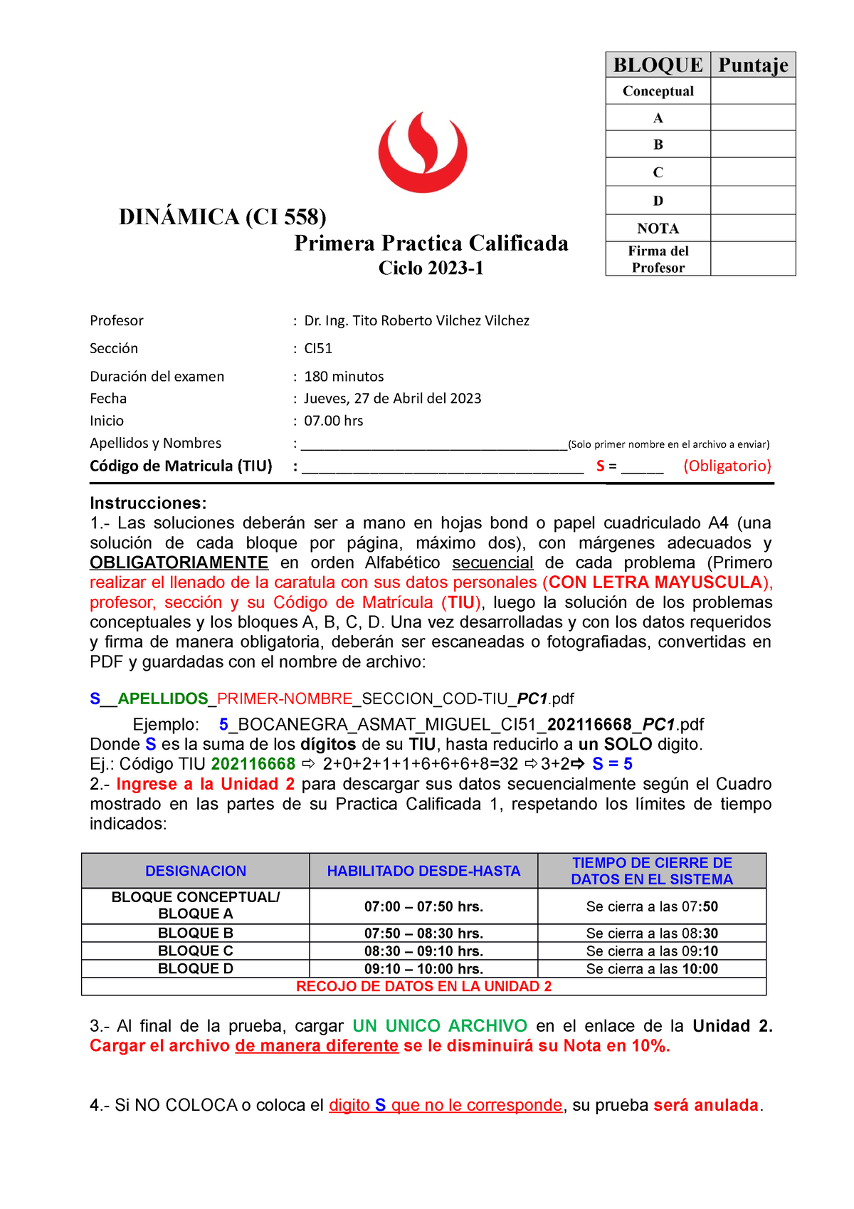 Pc1 Ci51 Dinamica Upc 2023 1 DinÁmica Ci 558 Primera Practica Calificada Ciclo 2023 7593