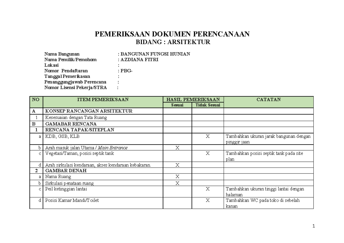 Pemeriksaan PBG Azdiana Fitri - 1 PEMERIKSAAN DOKUMEN PERENCANAAN ...