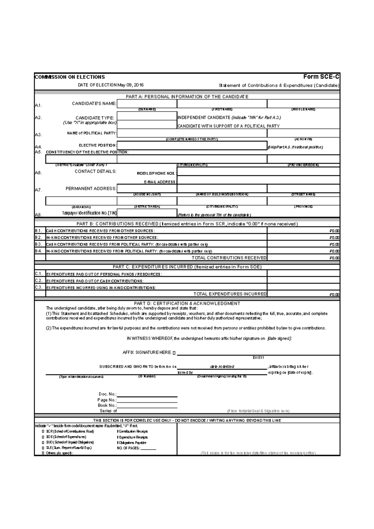 Soce forms for candidates final - COMMISSION ON ELECTIONS Form SCE-C ...