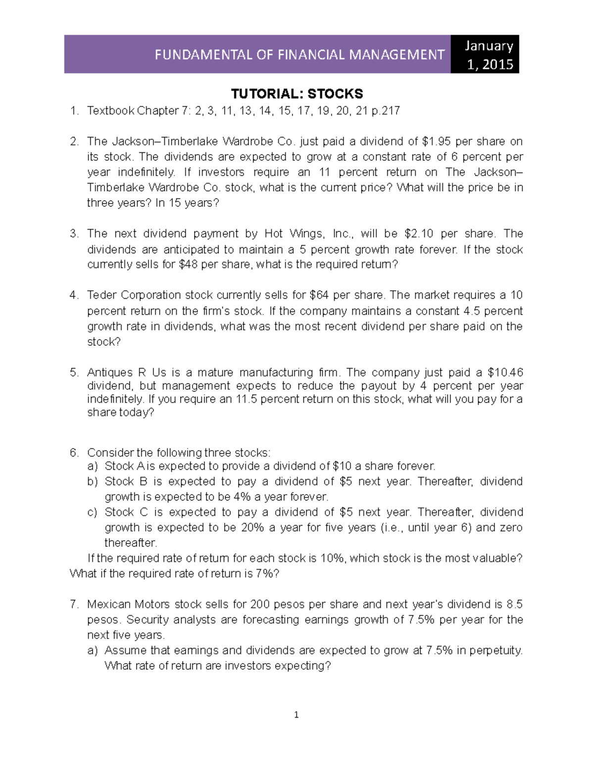 3 Tutorial Stocks Fundamental Of Financial Management January 1 3 Tutorial Stocks Fundamental Of Financial Management January 1