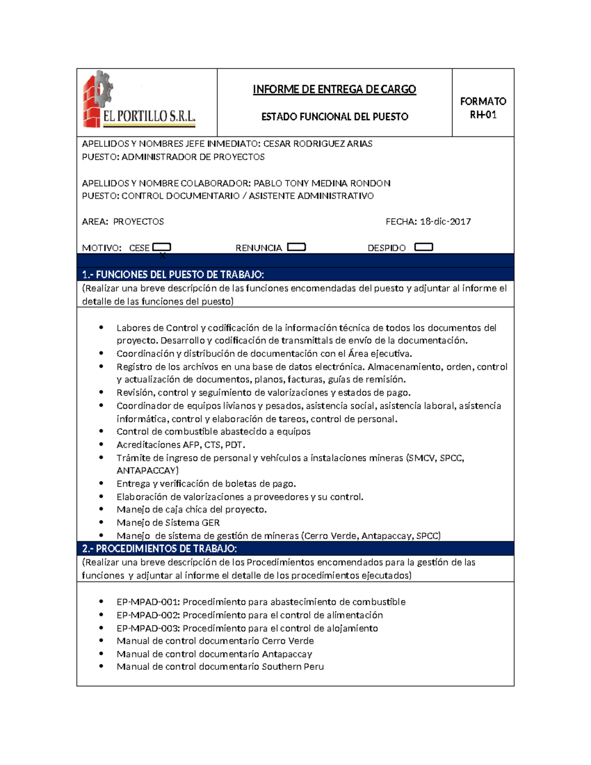 Formato RH-01 - FORMATHO RH - INFORME DE ENTREGA DE CARGO ESTADO ...