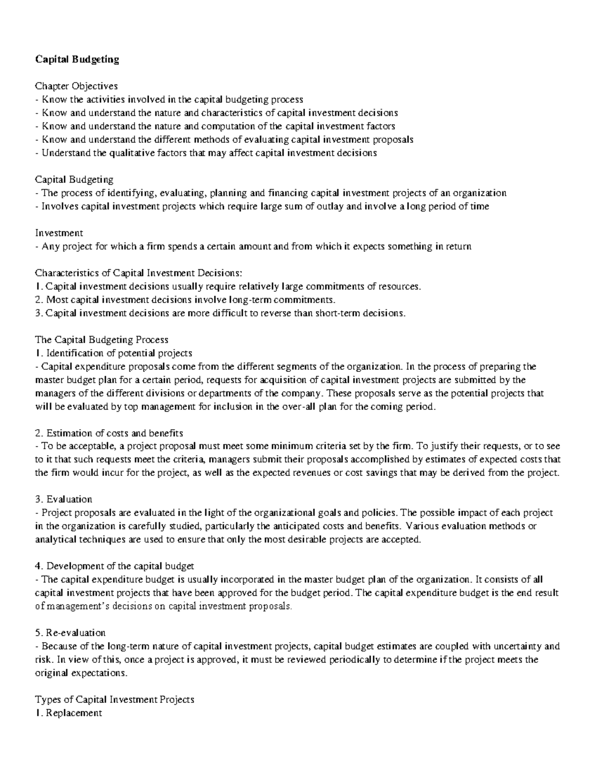 Capital Budgeting - Notes - Capital Budgeting Chapter Objectives Know ...