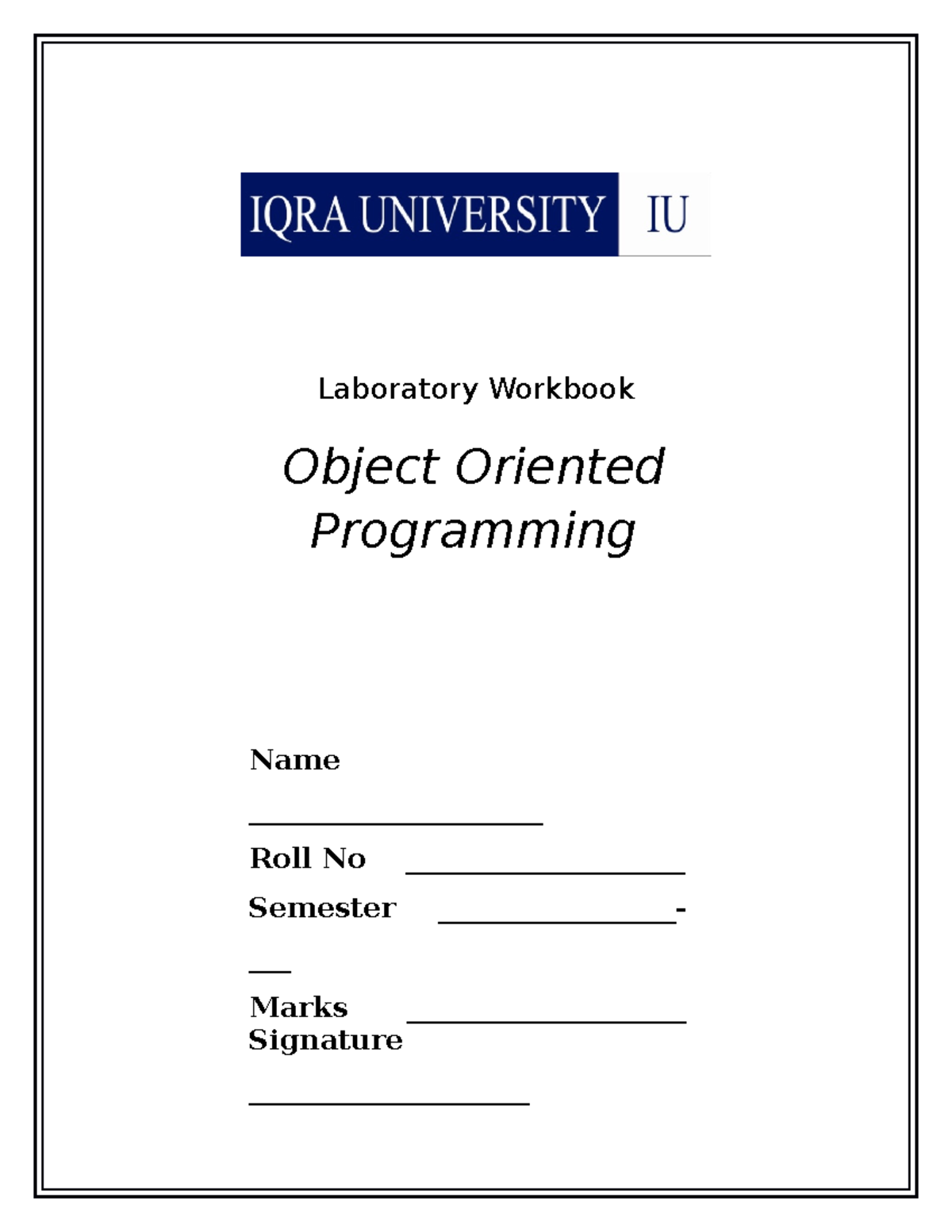 OOP Lab Manual Unsolved Object Oriented - Laboratory Workbook Object ...