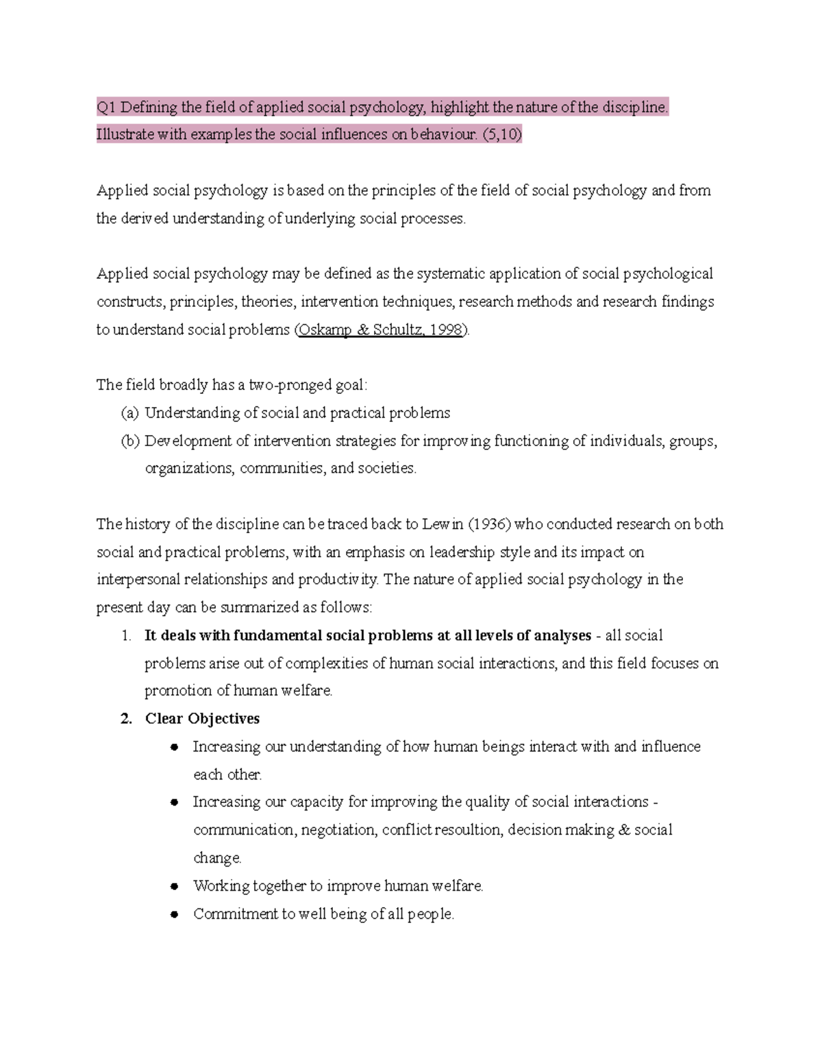 ASP Unit 1 - applied social psychology - Q1 Defining the field of ...