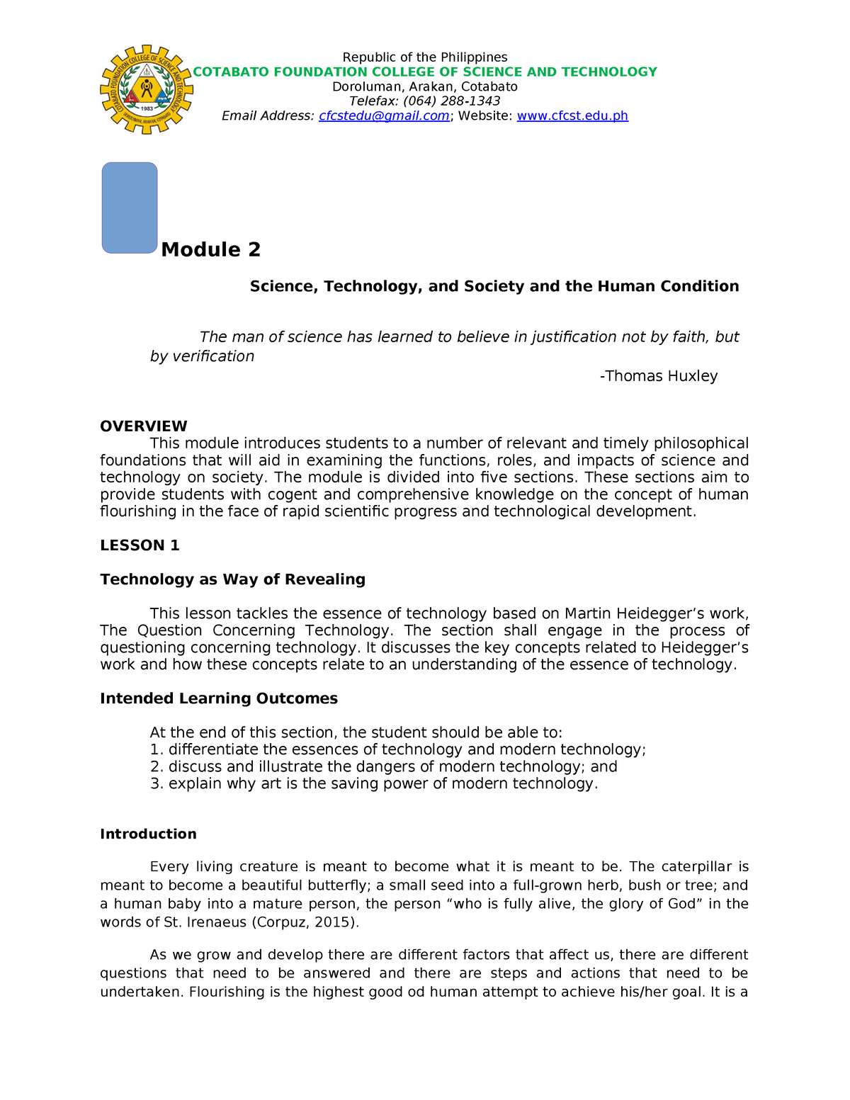 Module-2-Section-1 - BENLAC - COTABATO FOUNDATION COLLEGE OF SCIENCE ...