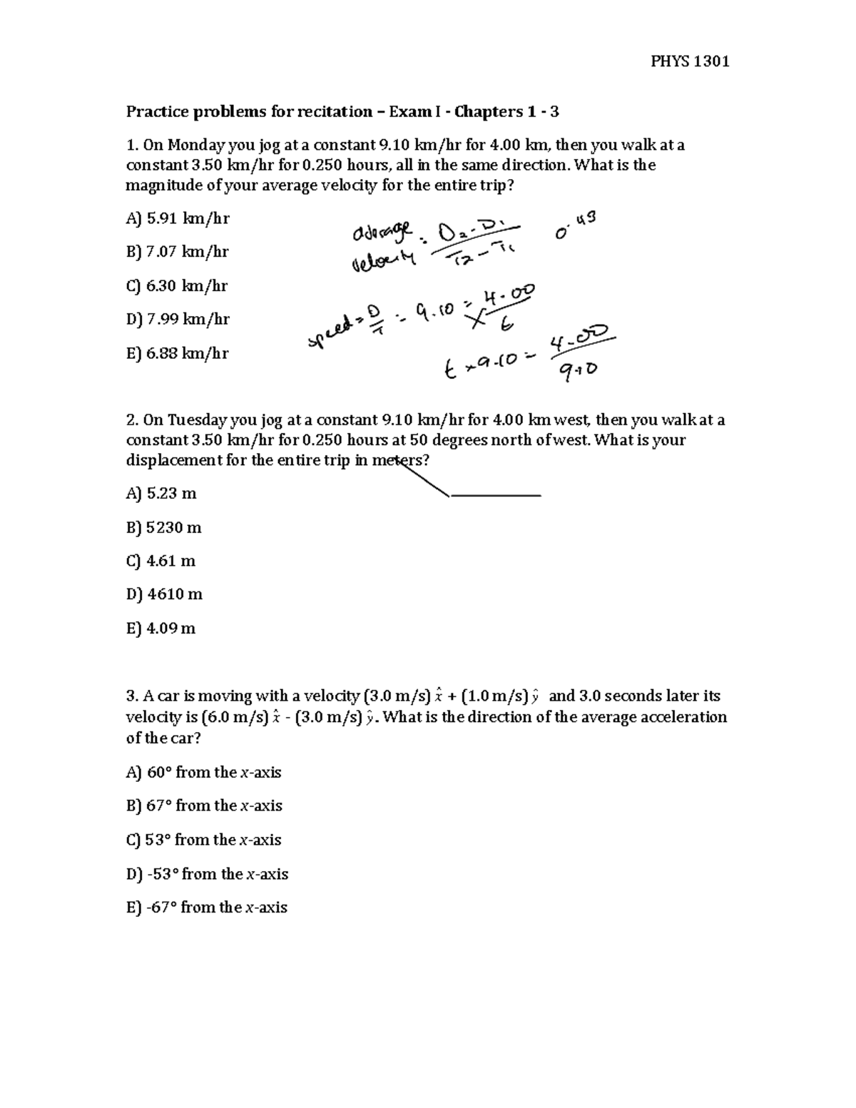 04 Practice+Exam+1+Fall+2023+no+forces - PHYS 1301 Practice problems ...