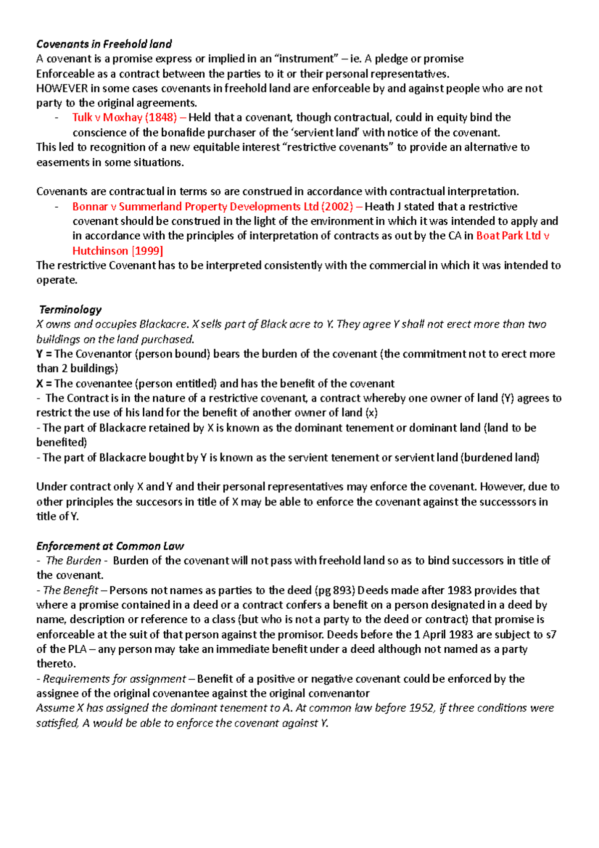 Covenants in Freehold land A pledge or promise Enforceable as a