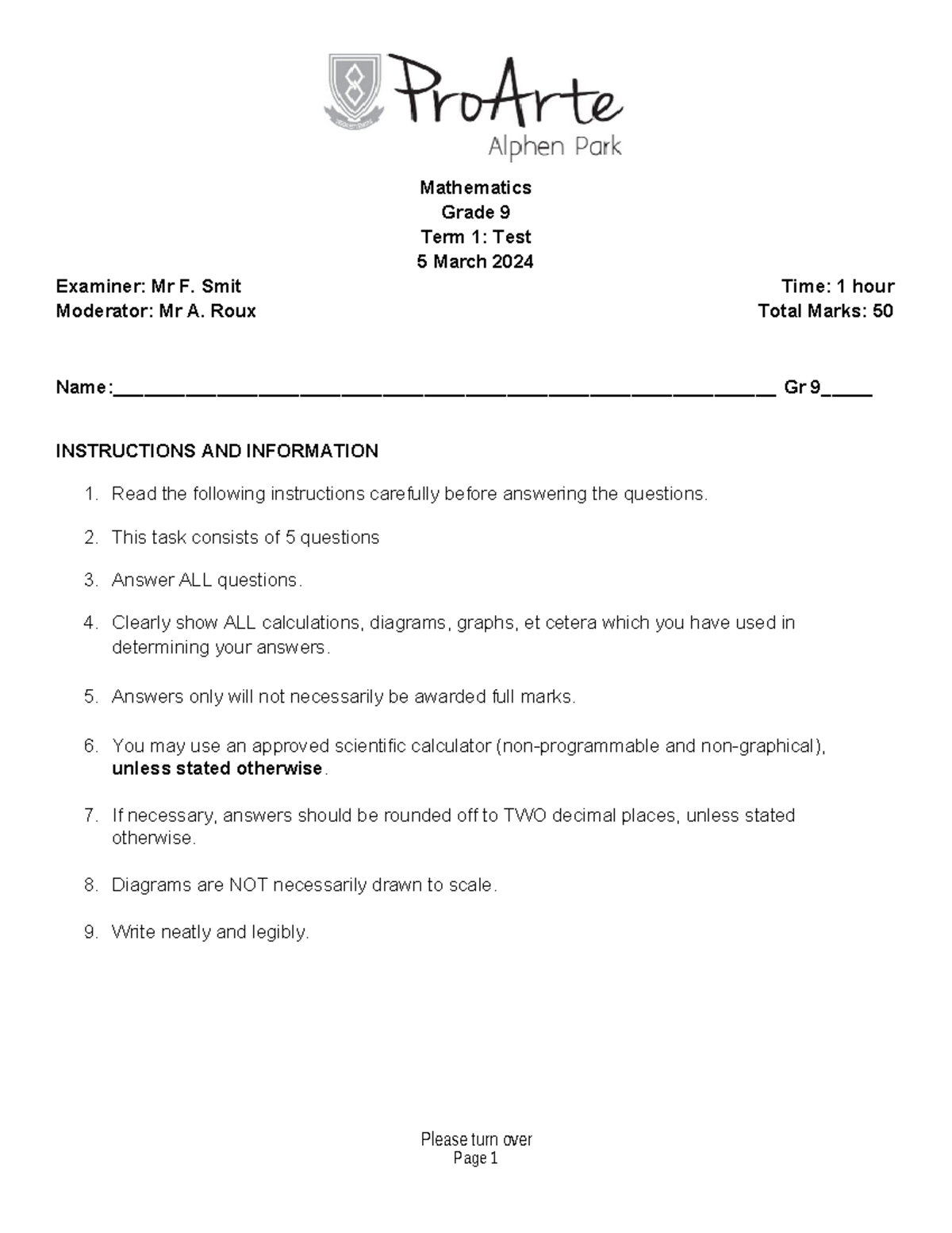 Term 1 Test - Gr 9 Term 1 Test - Mathematics Grade 9 Term 1: Test 5 ...