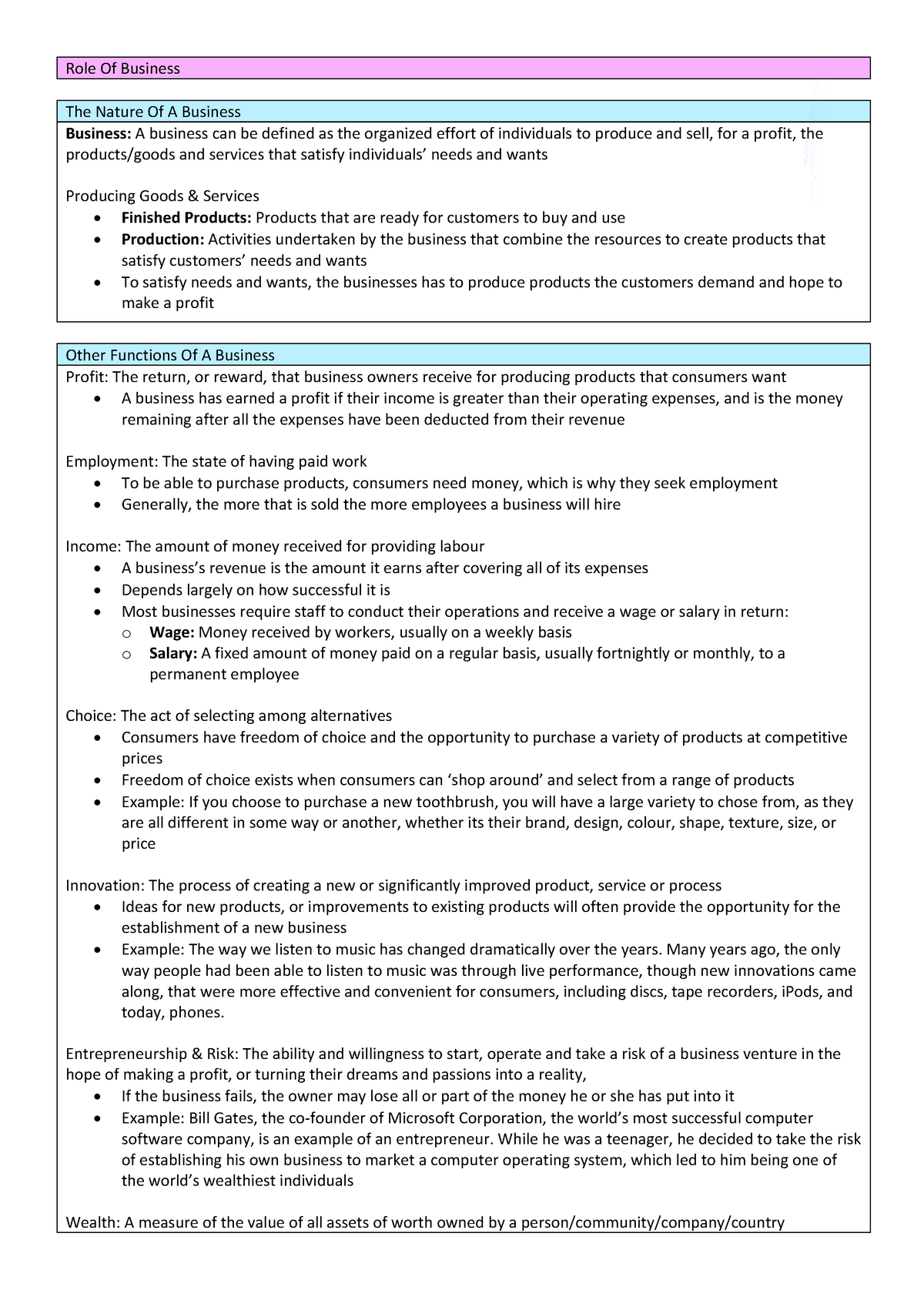 Year 11 Business Studies Notes 🤬 - Role Of Business The Nature Of A ...