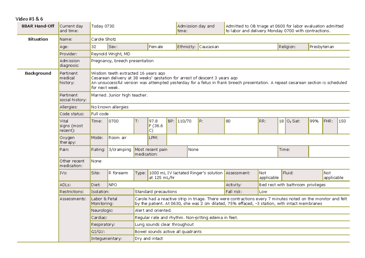 EFM in class activity strip 3 6 blank - SBAR Hand-Off Current day and ...