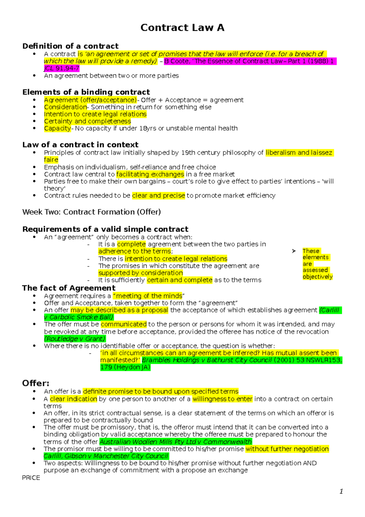 Contract A- notes - Contract Law A Definition of a contract A contract ...