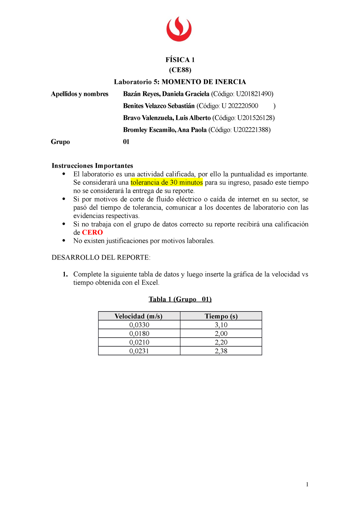 Reporte De Laboratorio 5 FÍsica 1 Ce88 Laboratorio 5 Momento De