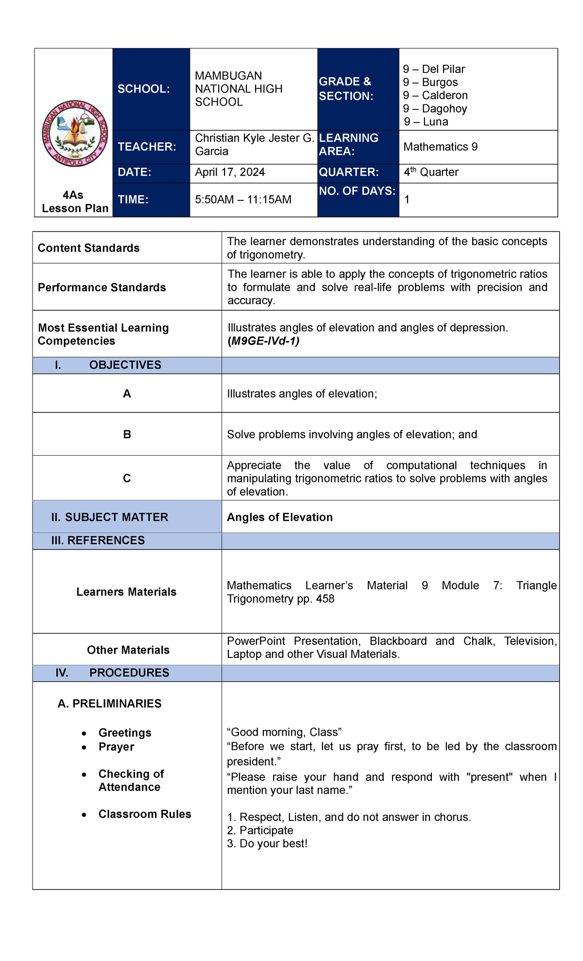Garcia LP Angle Of Elevation - 4As Lesson Plan SCHOOL: MAMBUGAN ...