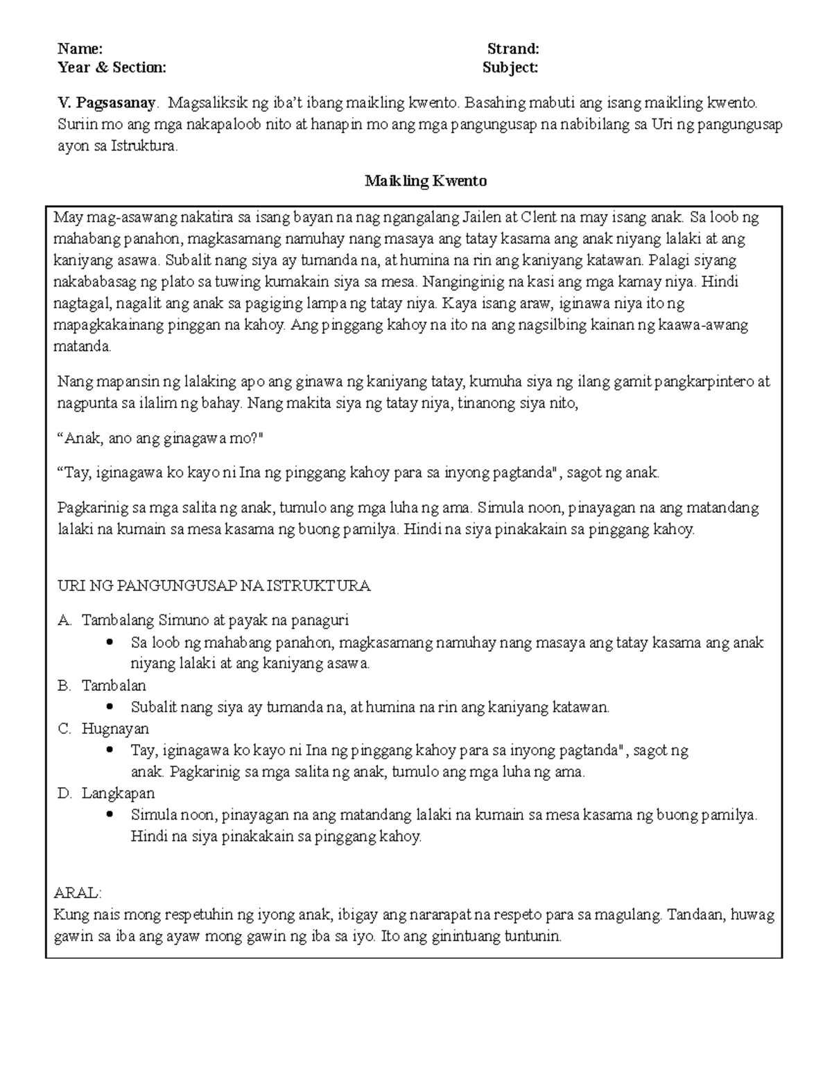 Filipino Name Strand Year & Section Subject V. Pagsasanay