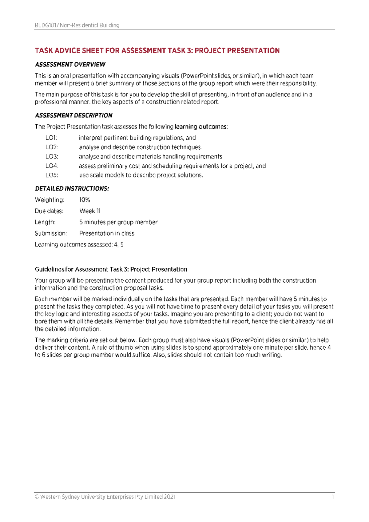 BLDG1017 Task Advice Sheet for Assessment Task 3 v2 - 301266 - Studocu