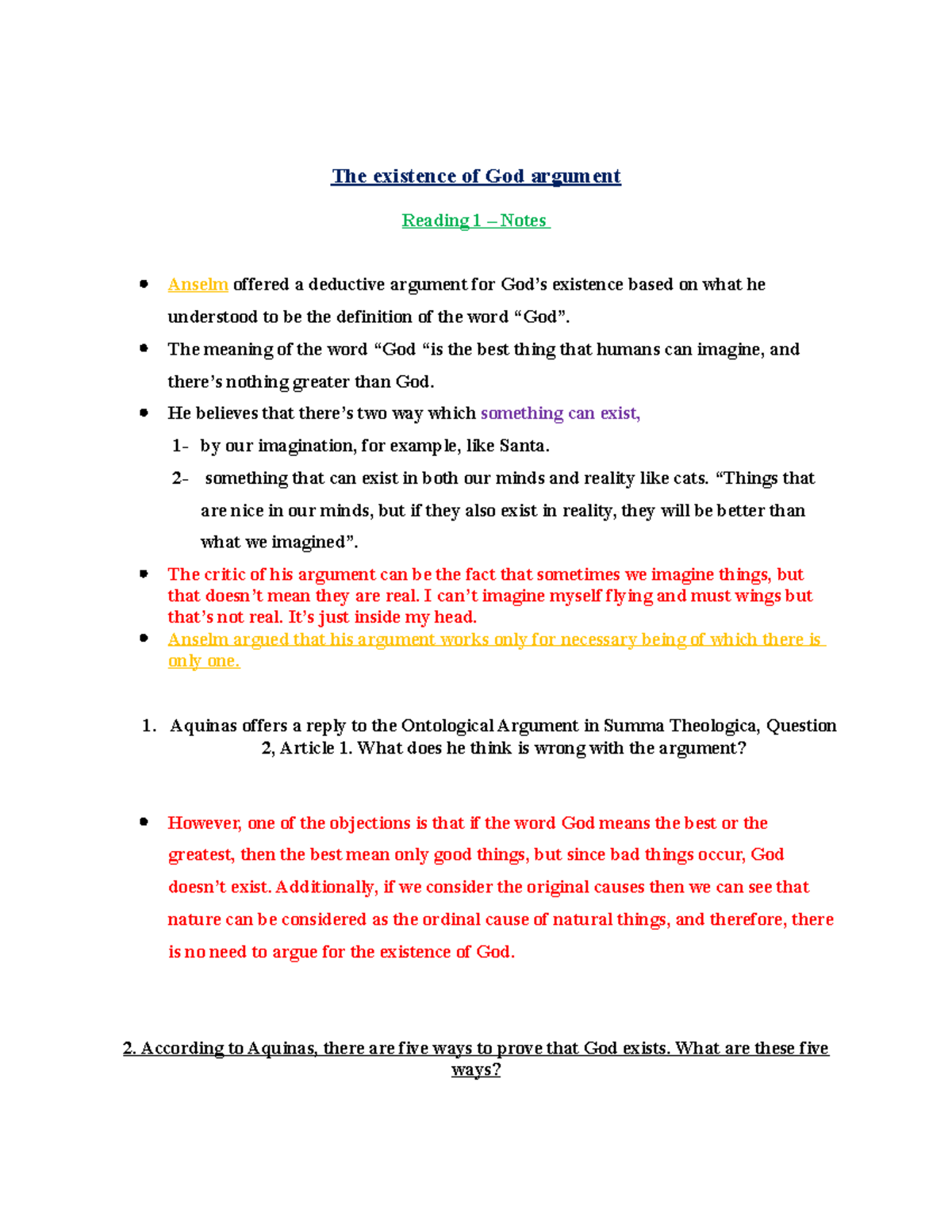 Reading 1 - The existence of God argument Reading 1 – Notes Anselm ...