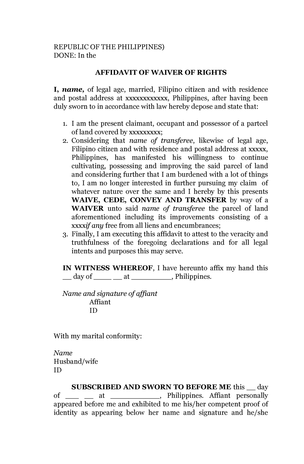 Waiver Of Rights Republic Of The Philippines Done In The Affidavit Of Waiver Of Rights I 3505