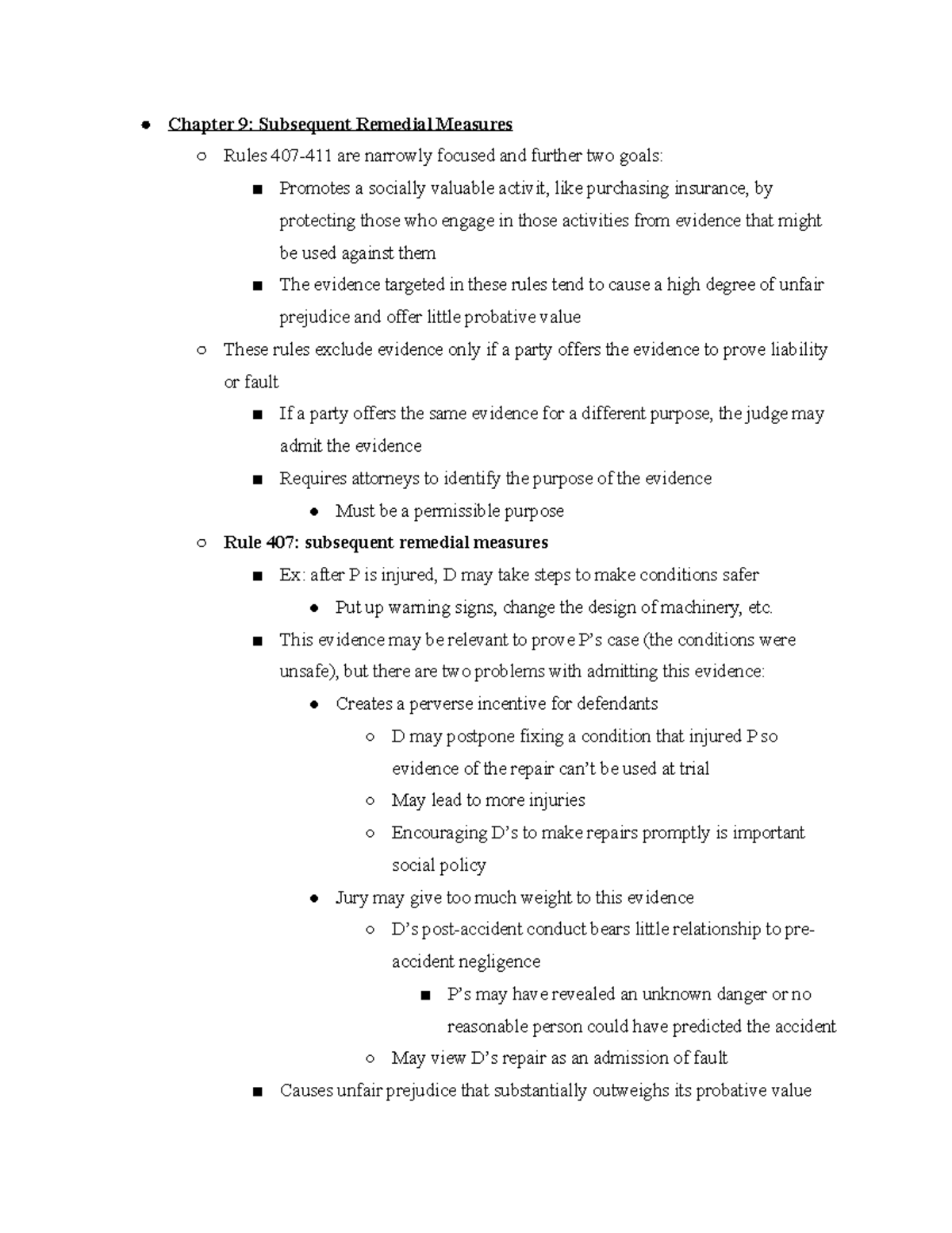 Evidence Specialized Article IV Rules Chapter 9 Subsequent Remedial