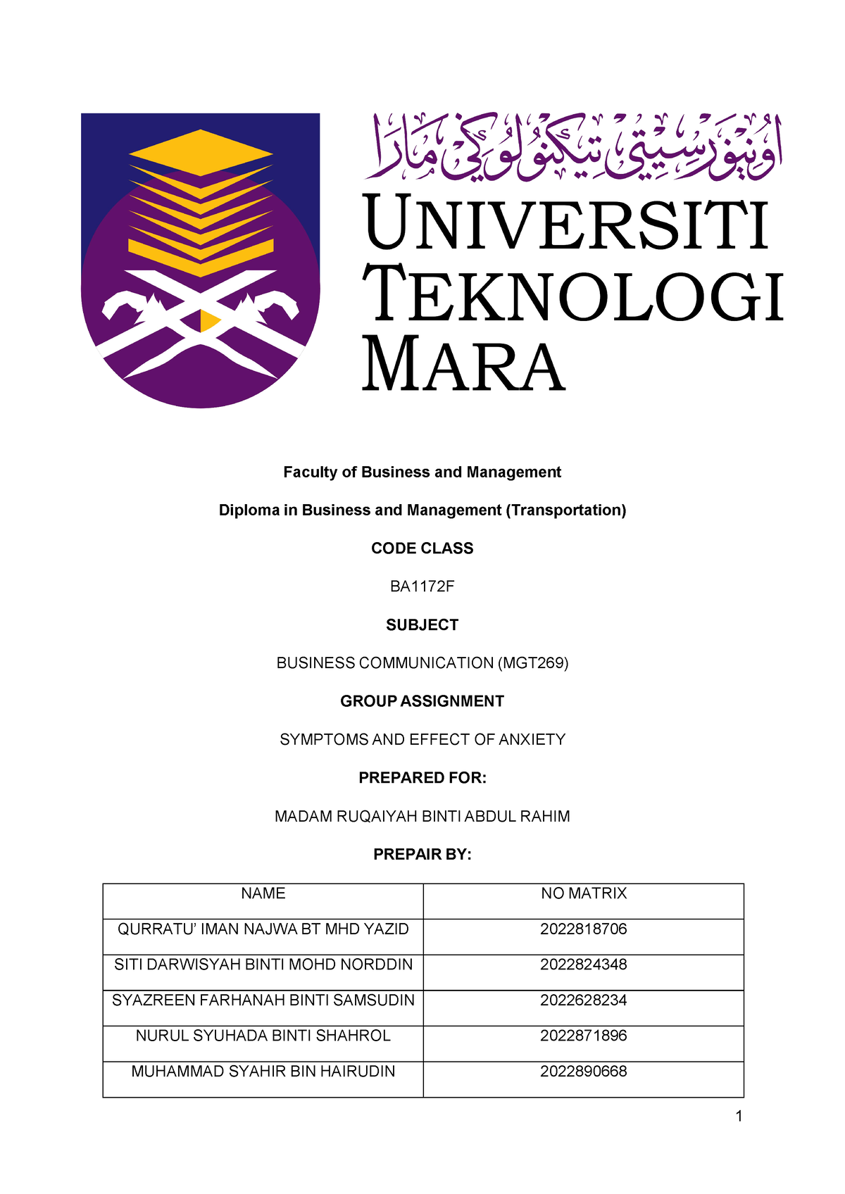 Group Report Assignment 1 MGT269 - Faculty Of Business And Management ...