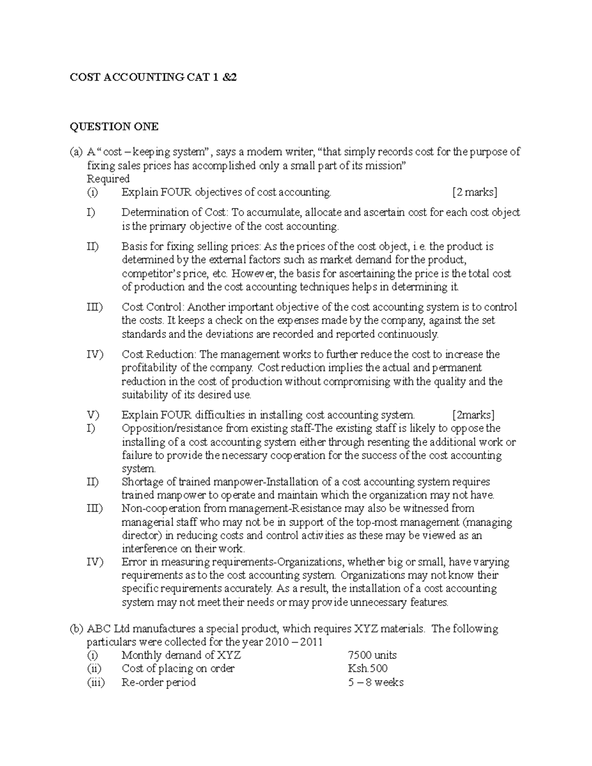 Cost accounting - Progress Assignments - COST ACCOUNTING CAT 1 ...