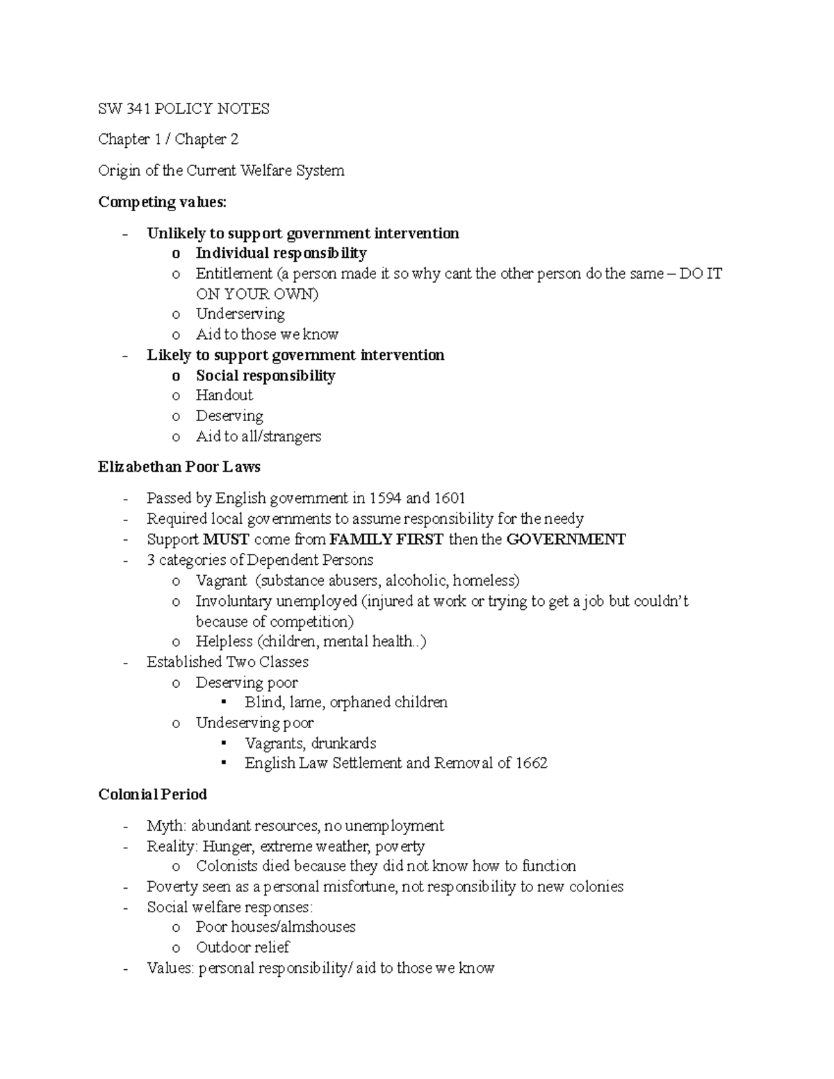 SW 341 Policy Notes - this course teaches about history of social ...