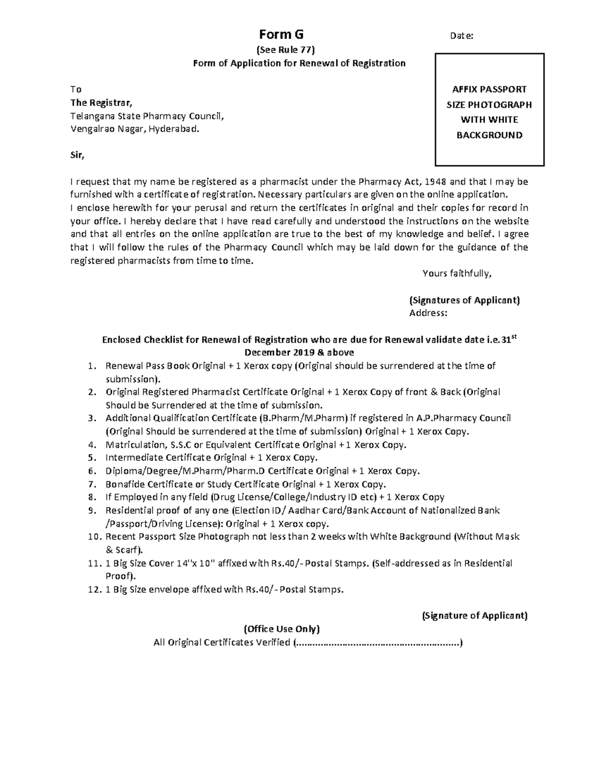 FORM G - Renewal of Registration - Form G Date: (See Rule 77) Form of ...